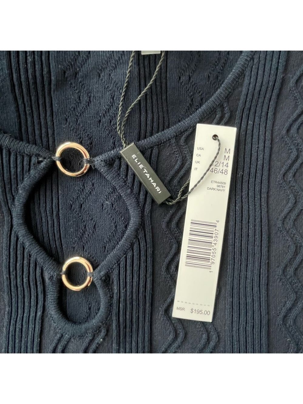 NWT Elie Tahari Dark Navy 3/4 Sleeve Gold Ring Detail Ribbed Knit Top Size M - Picture 7 of 8